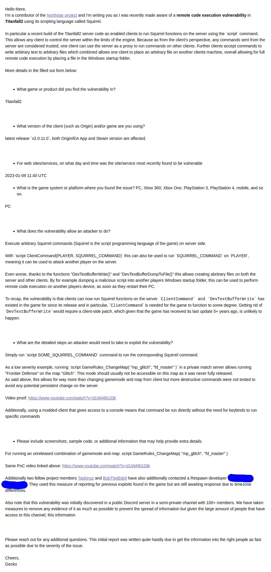 发送给 EA 安全部门的漏洞报告邮件
